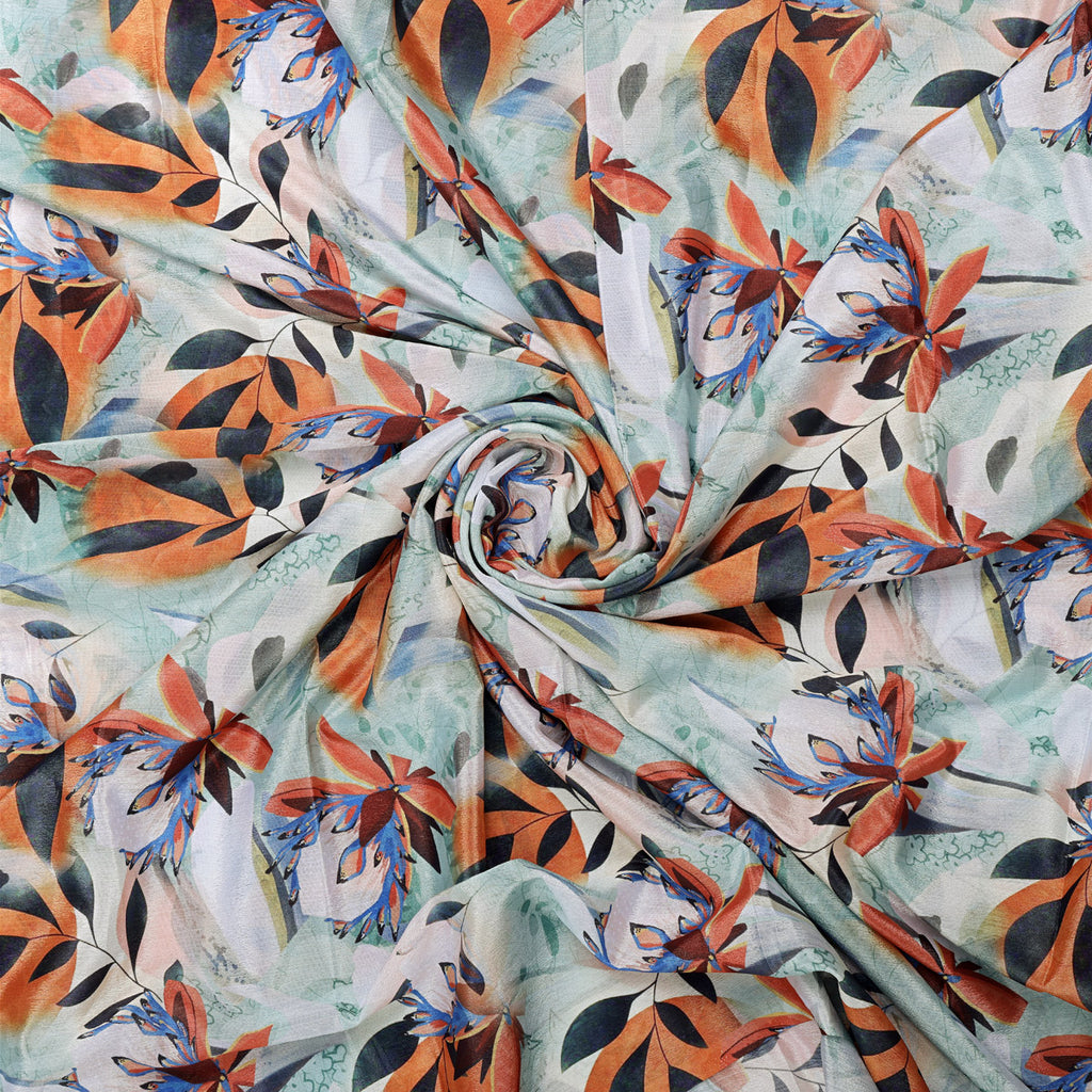 Artistic Floral & Leaf Print on Sea Green Chinon Fabric