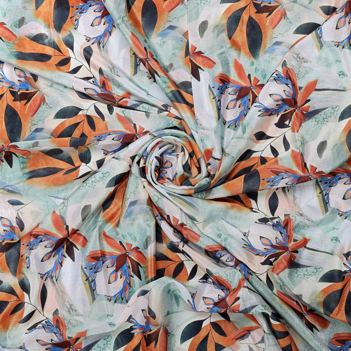 Artistic Floral & Leaf Print on Sea Green Chinon Fabric