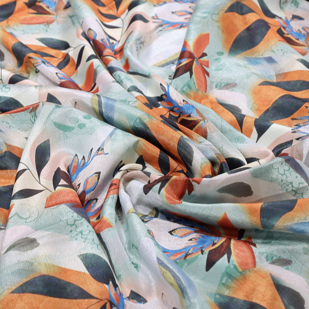 Artistic Floral & Leaf Print on Sea Green Chinon Fabric