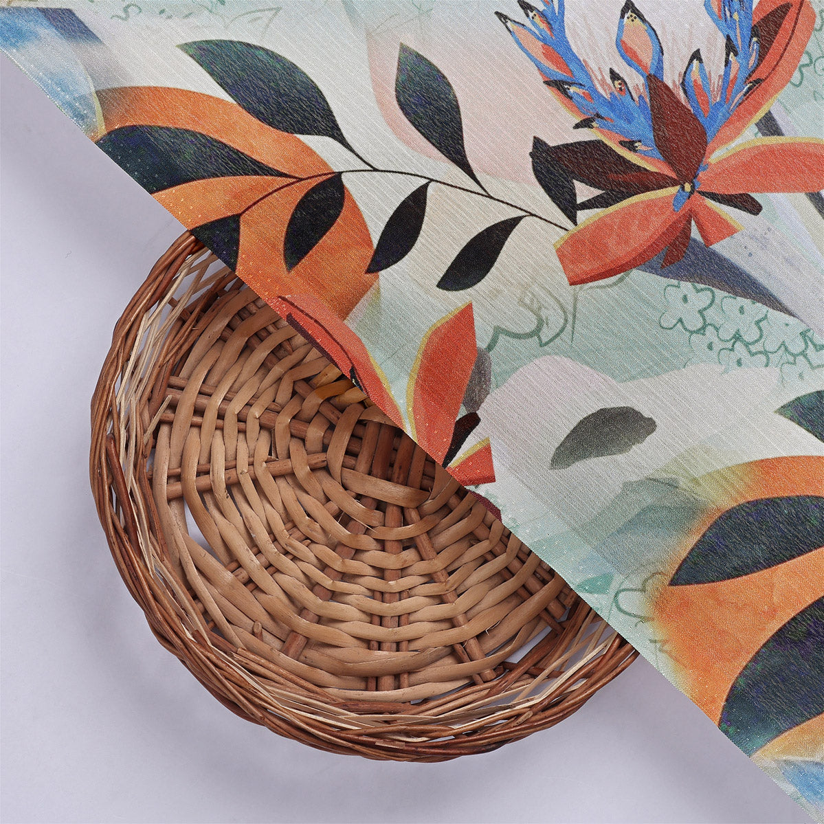 Artistic Floral & Leaf Print on Sea Green Chinon Fabric