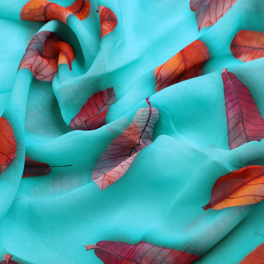 Blue Leaves Pure Georgette Printed Fabric