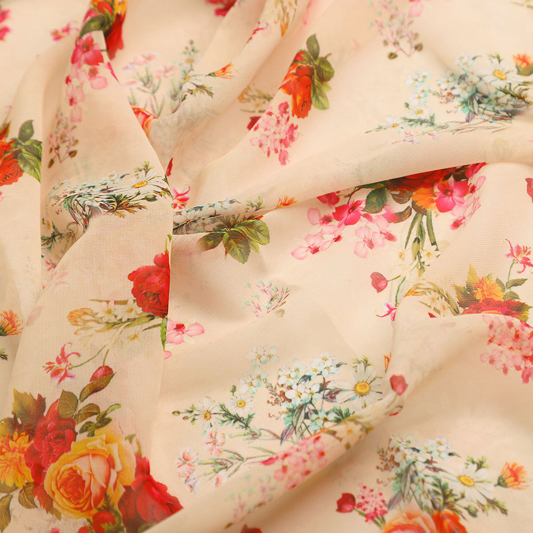 Multicolour Red And Yellow Roses Digital Printed Fabric - Weightless