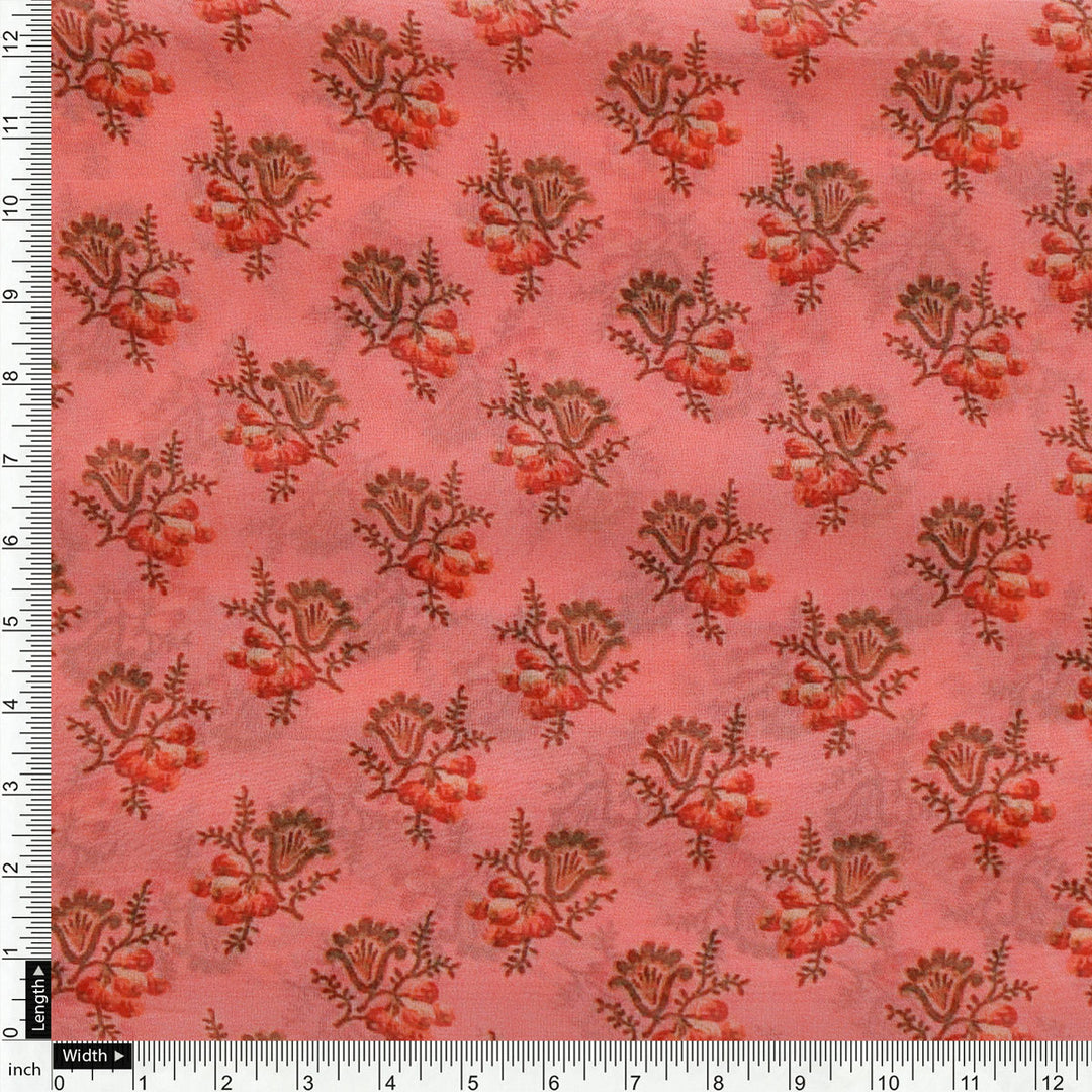 Cool Summer Simple Pink Flower With Leaves Digital Printed Fabric - Pure Georgette