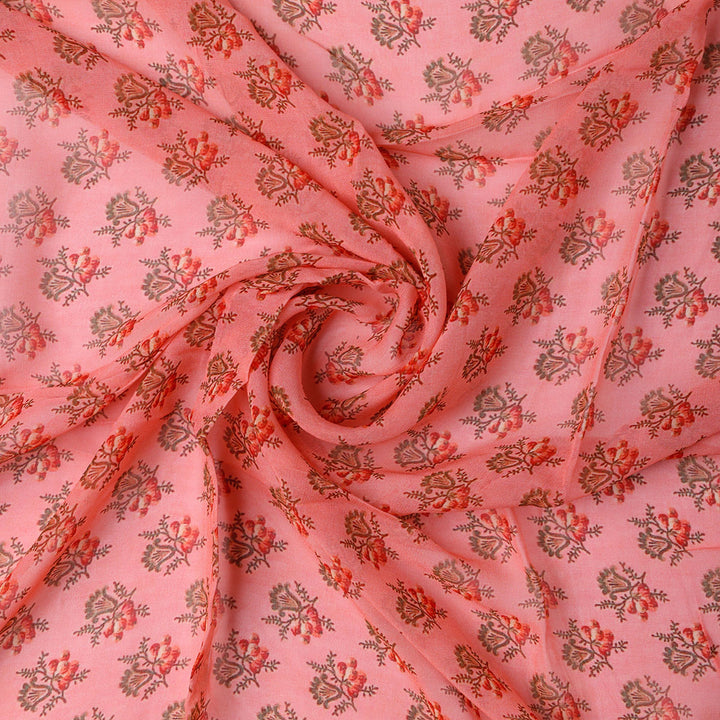 Cool Summer Simple Pink Flower With Leaves Digital Printed Fabric - Pure Georgette