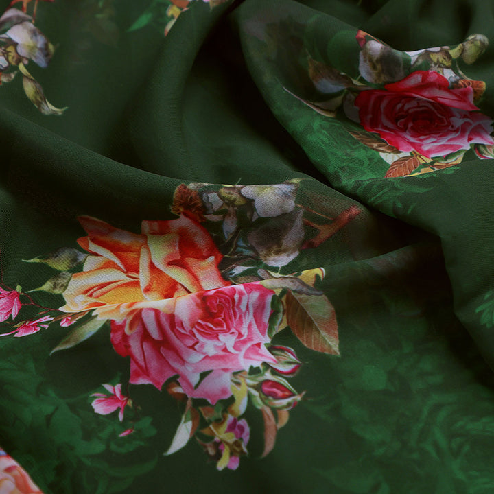 Beautiful Roses With Leaves Digital Printed Fabric - Weightless