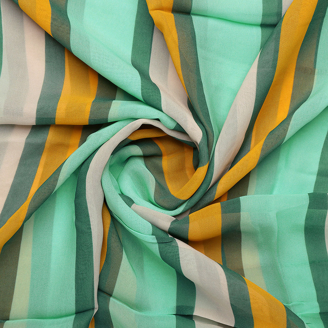 Green And Yellow Stripes Combo Digital Printed Fabric  - Pure Georgette