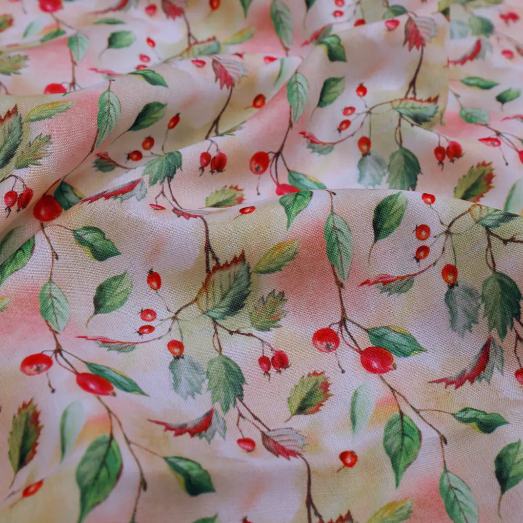 Linen Fabric with Red Berries and Leaves Print – 0l2a8331copy