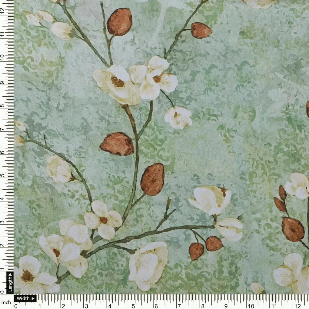 Cream And Brown Floral Print On Green Japan Satin Fabric – 0l2a8362copy