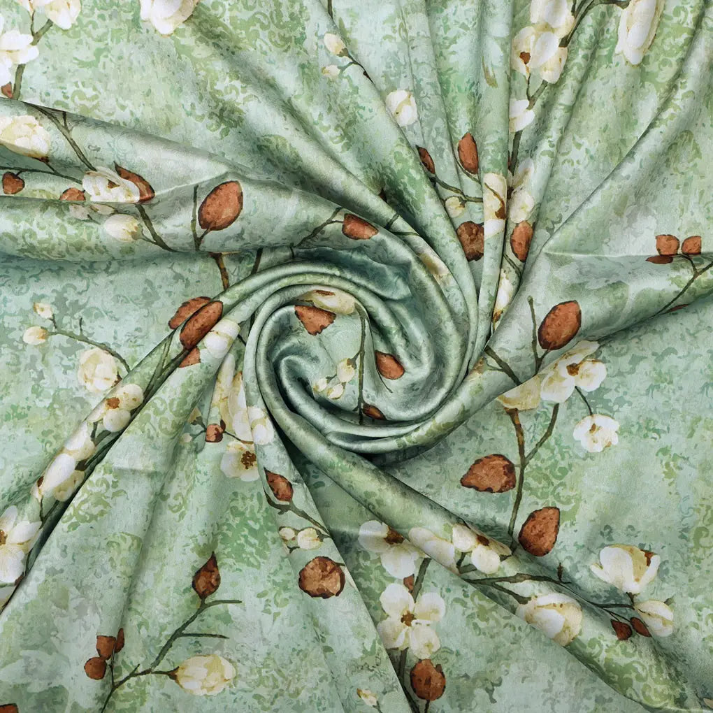 Cream And Brown Floral Print On Green Japan Satin Fabric – 0l2a8363copy