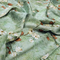 Cream And Brown Floral Print On Green Japan Satin Fabric – 0l2a8364copy