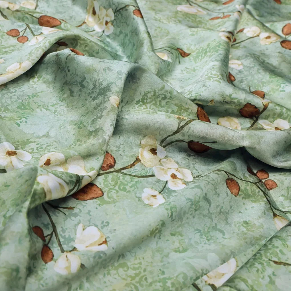 Cream And Brown Floral Print On Green Japan Satin Fabric – 0l2a8364copy