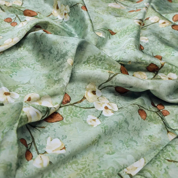 Cream And Brown Floral Print On Green Japan Satin Fabric – 0l2a8364copy