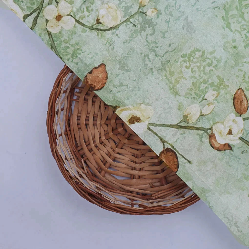 Cream And Brown Floral Print On Green Japan Satin Fabric – 0l2a8365copy