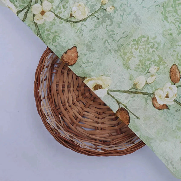 Cream And Brown Floral Print On Green Japan Satin Fabric – 0l2a8365copy - alternate view