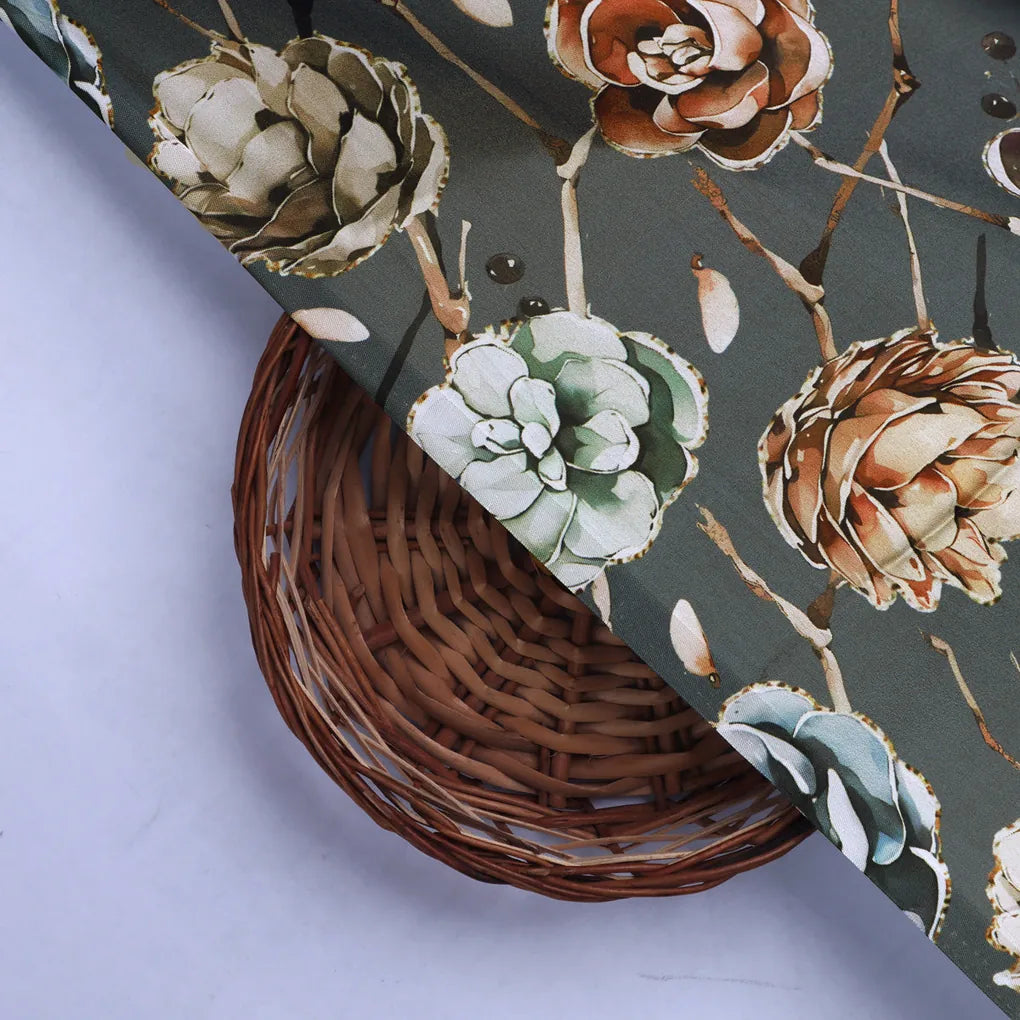 Digital Printed Japan Satin Fabric - Floral Pattern, Grey
