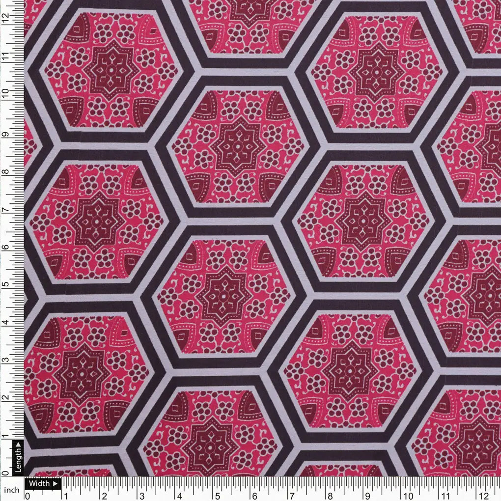 Pink and Black Hexagon Pattern Printed Japan Satin Fabric – 0l2a8494copy