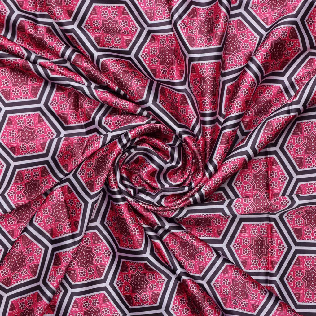 Pink and Black Hexagon Pattern Printed Japan Satin Fabric – 0l2a8495copy