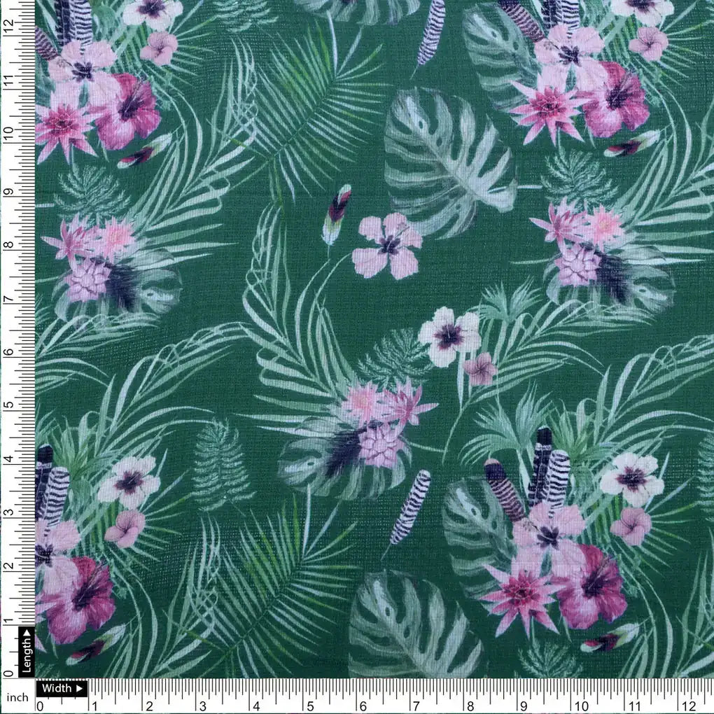 Tropical Leaves and Flowers Printed Kota Doria Fabric – 0l2a8570copy