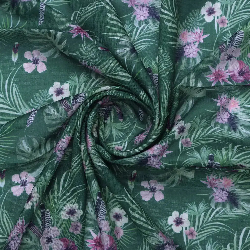Tropical Leaves and Flowers Printed Kota Doria Fabric – 0l2a8571copy
