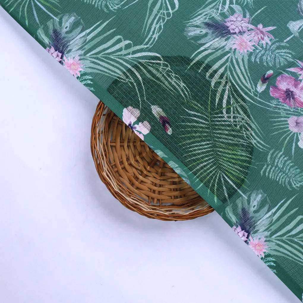 Tropical Leaves and Flowers Printed Kota Doria Fabric – 0l2a8574copy