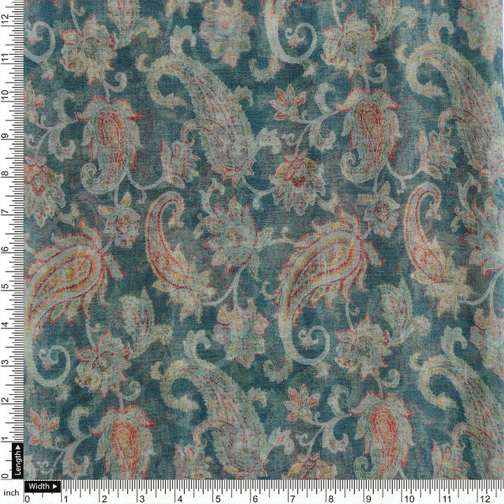 Multi color Paisley Over Blue Base Digital Printed Fabric