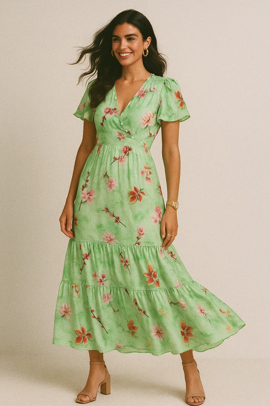 Beautiful Pink Floral With Red Leaves Digital Printed Fabric - Silk Crepe