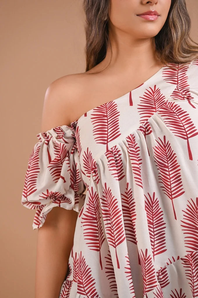 Off-Shoulder Tiered Printed Midi Dress – 107.4