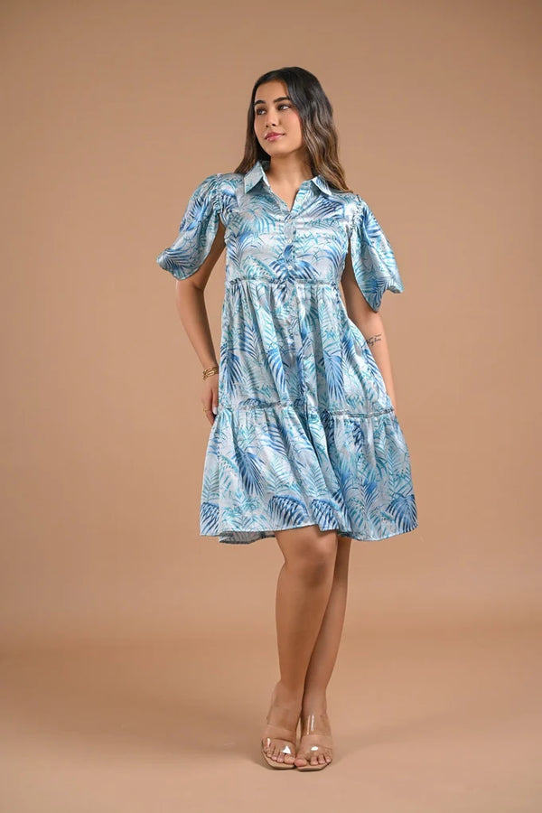 Blue Floral Puff Sleeve Mini Dress – 109.1