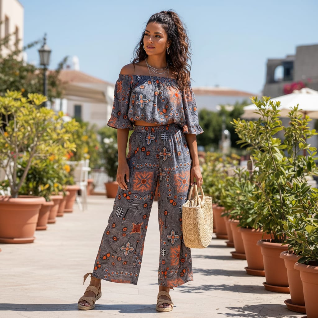 Bohemian Geometric Orange & Grey Printed Rayon Fabric