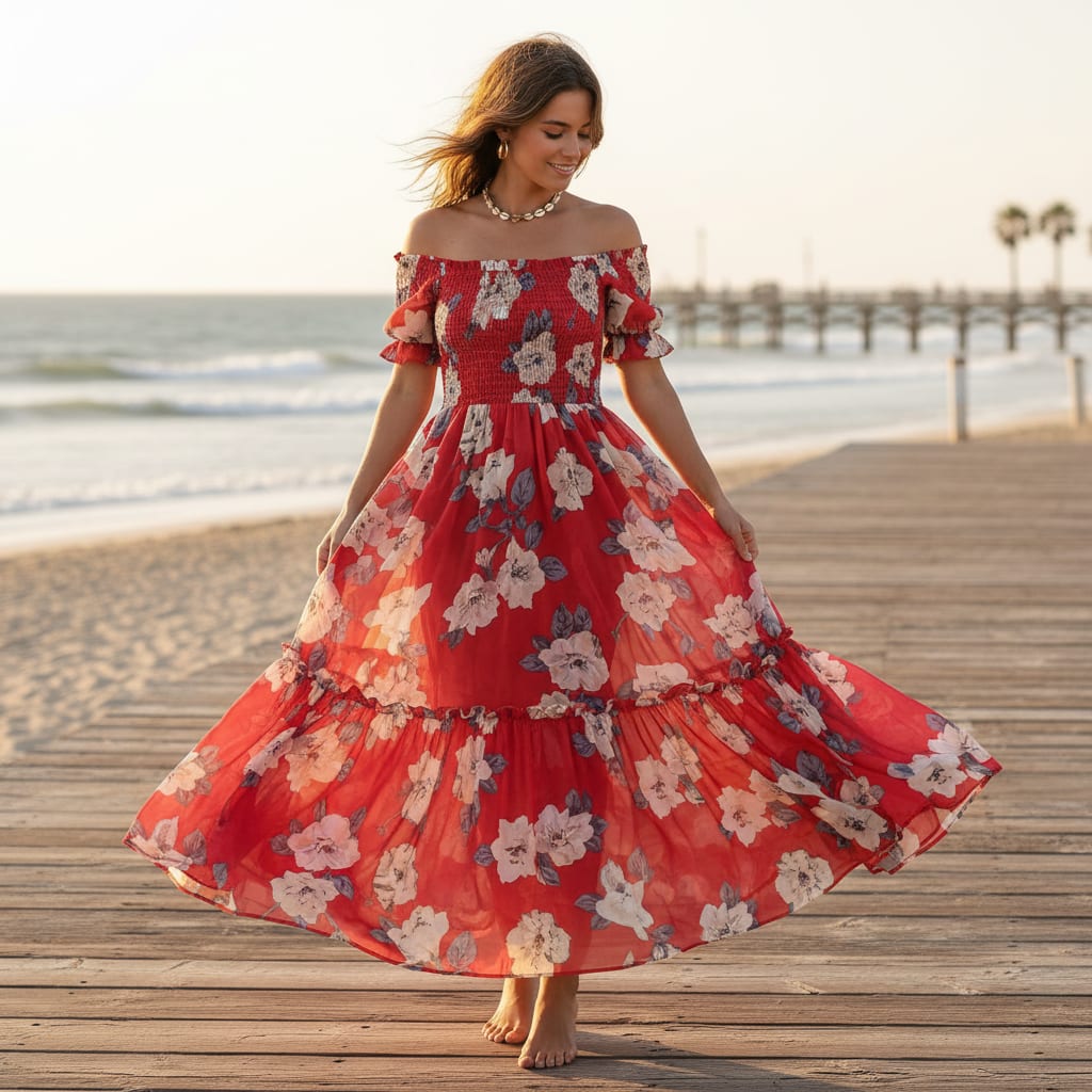 Red And White Flower Digital Printed Fabric - Weightless