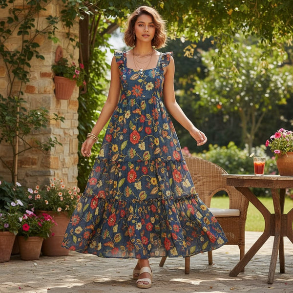 Vintage Floral Jaal Printed Chanderi Fabric in Navy - alternate view