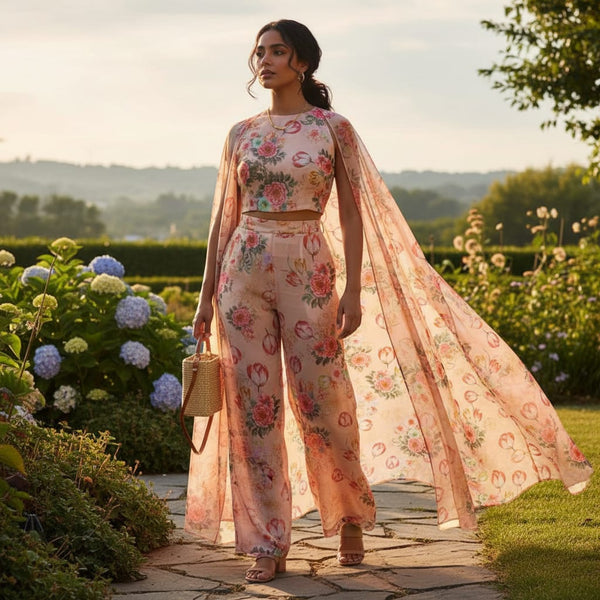Peach Floral Garden Tulip Print Sheer Organza Fabric - alternate view