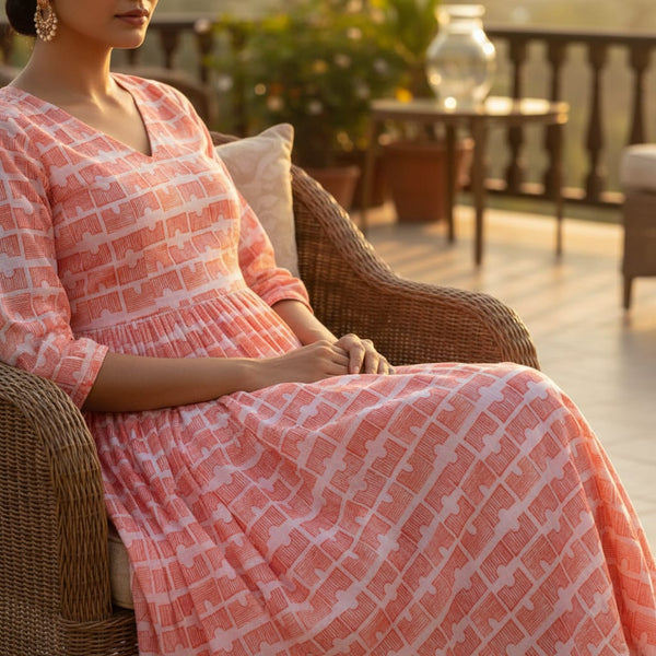 Vibrant Coral Geometric Sketch Print Chanderi Fabric - alternate view