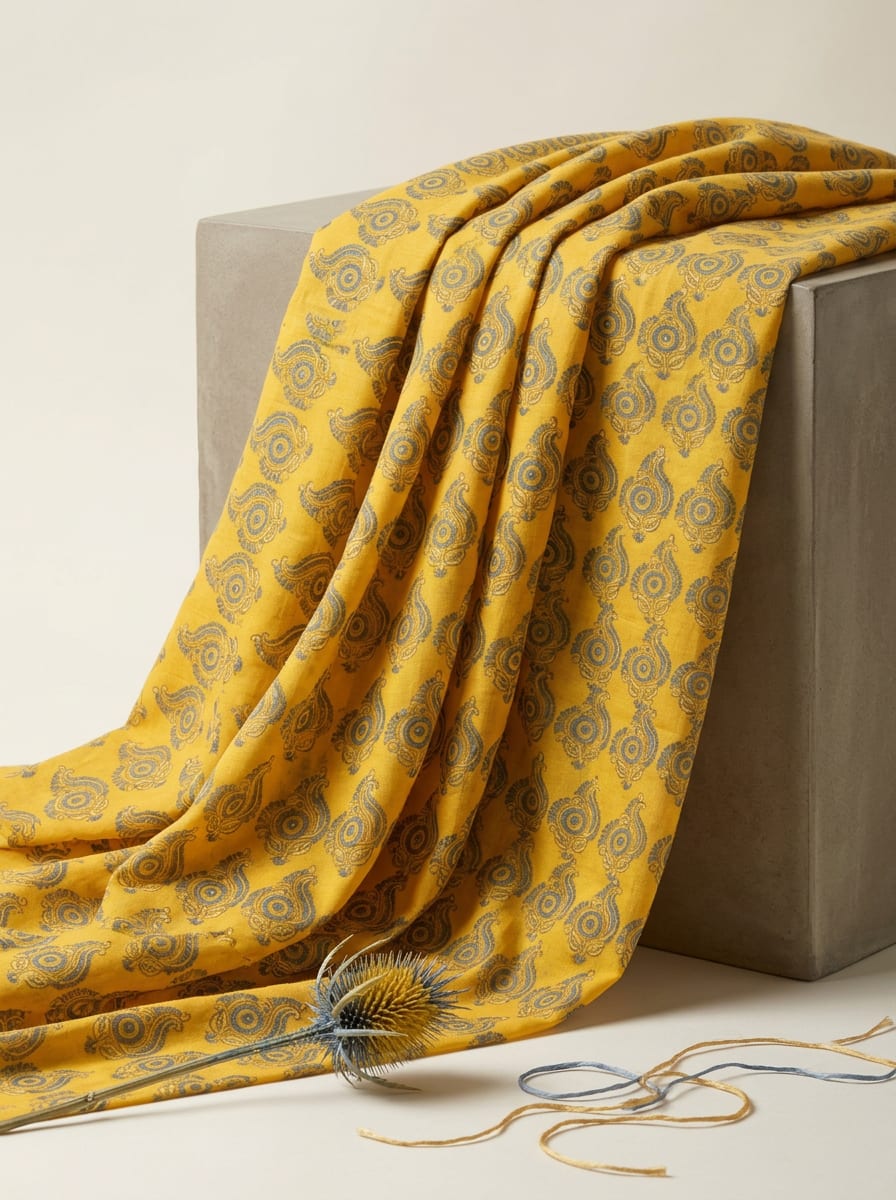 Close-up Texture & Drape of Mustard Yellow Muslin Fabric — FAB VOGUE Studio