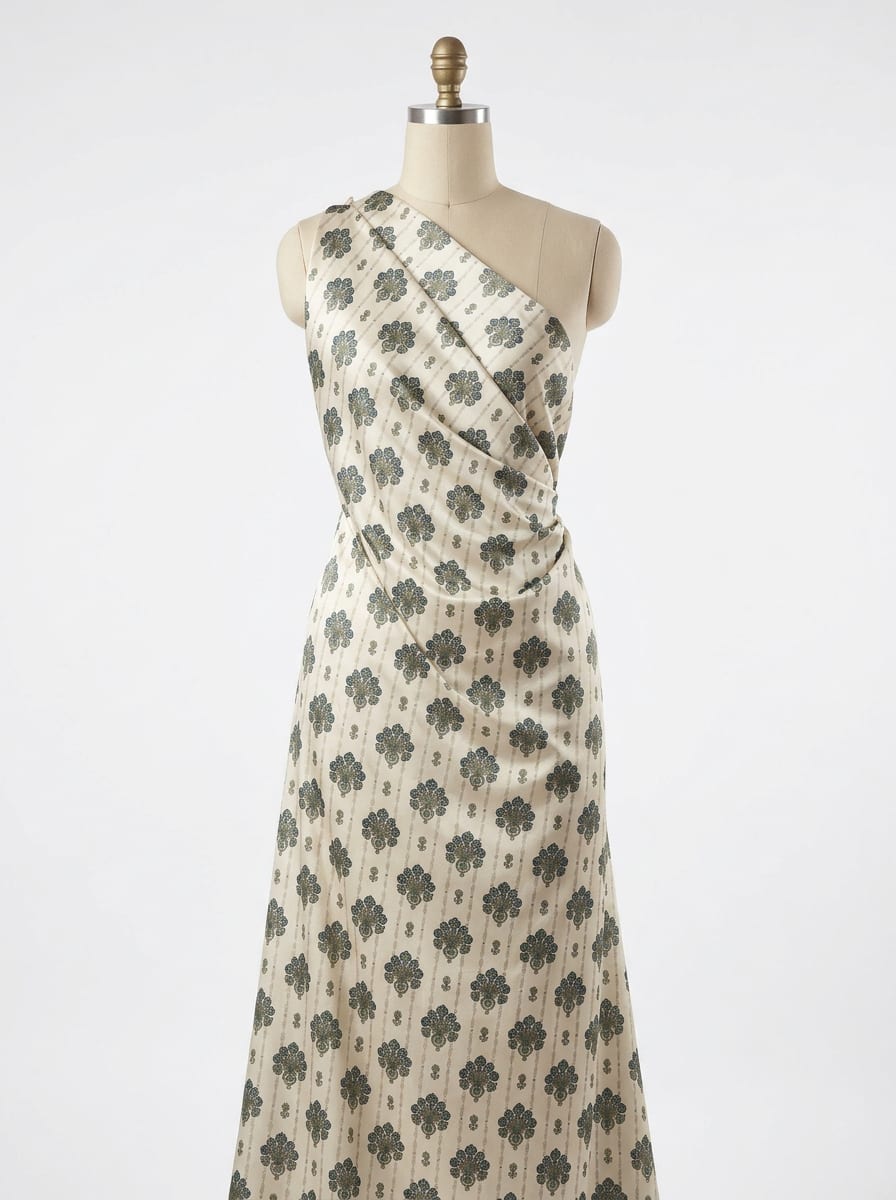 Close-up Texture & Drape of Sage Green Japan Satin Fabric — FAB VOGUE Studio