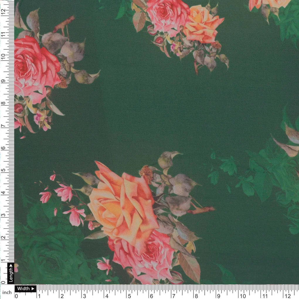 Beautiful Roses With Leaves Digital Printed Fabric - Pure Georgette – 1 1