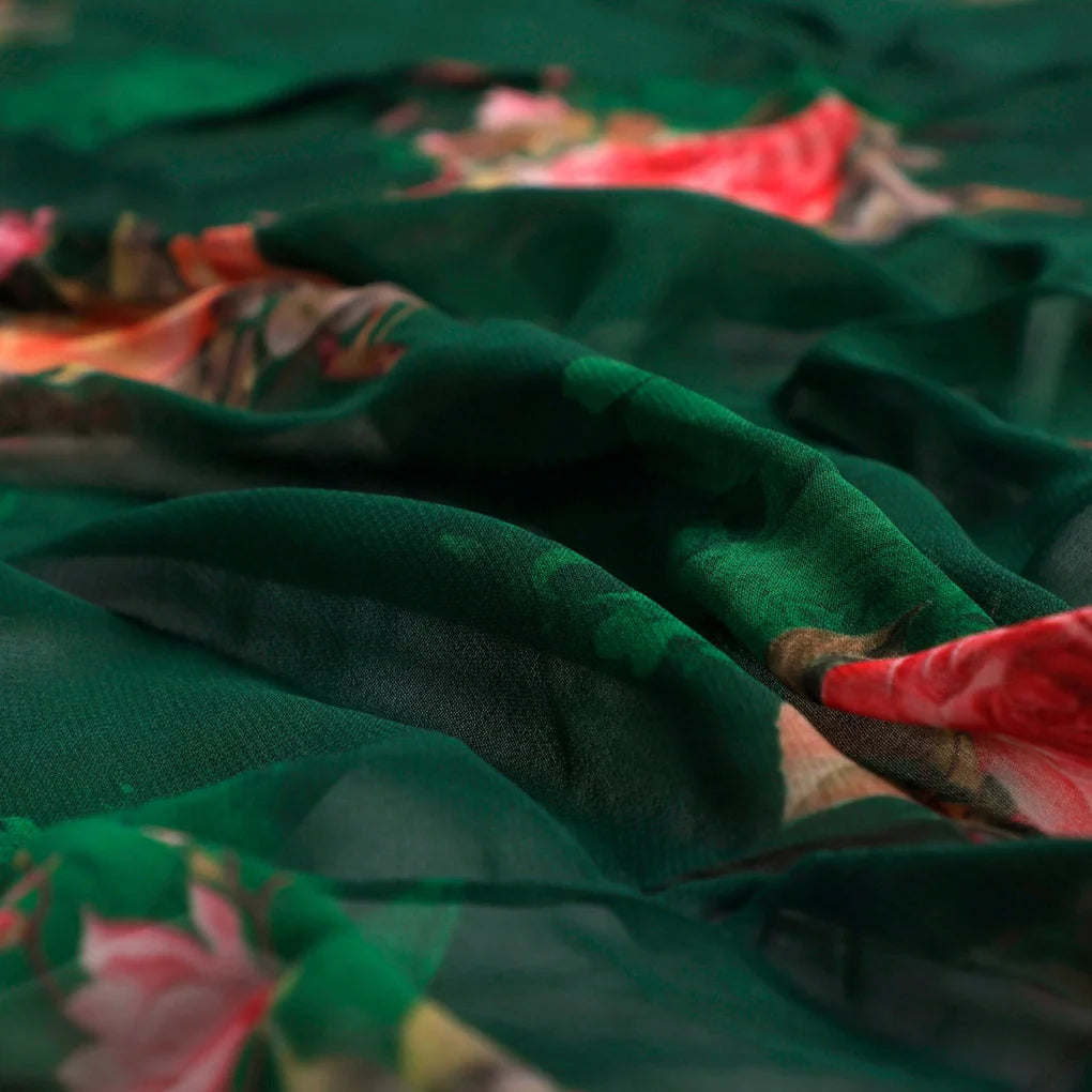 Beautiful Roses With Leaves Digital Printed Fabric - Pure Georgette – 1 3