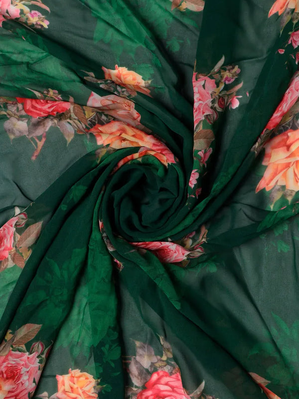 Beautiful Roses With Leaves Digital Printed Fabric - Pure Georgette – 1 4