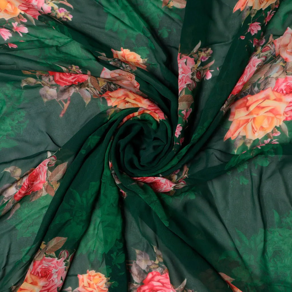 Beautiful Roses With Leaves Digital Printed Fabric - Pure Georgette – 1 4