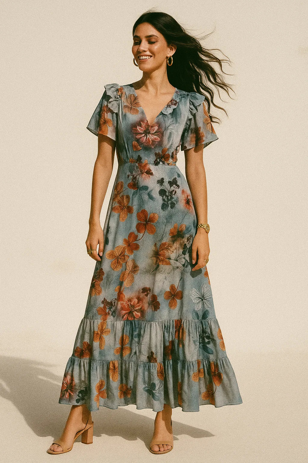 Golden Periwinkle With Gray Floral Digital Printed Fabric - Silk Crepe