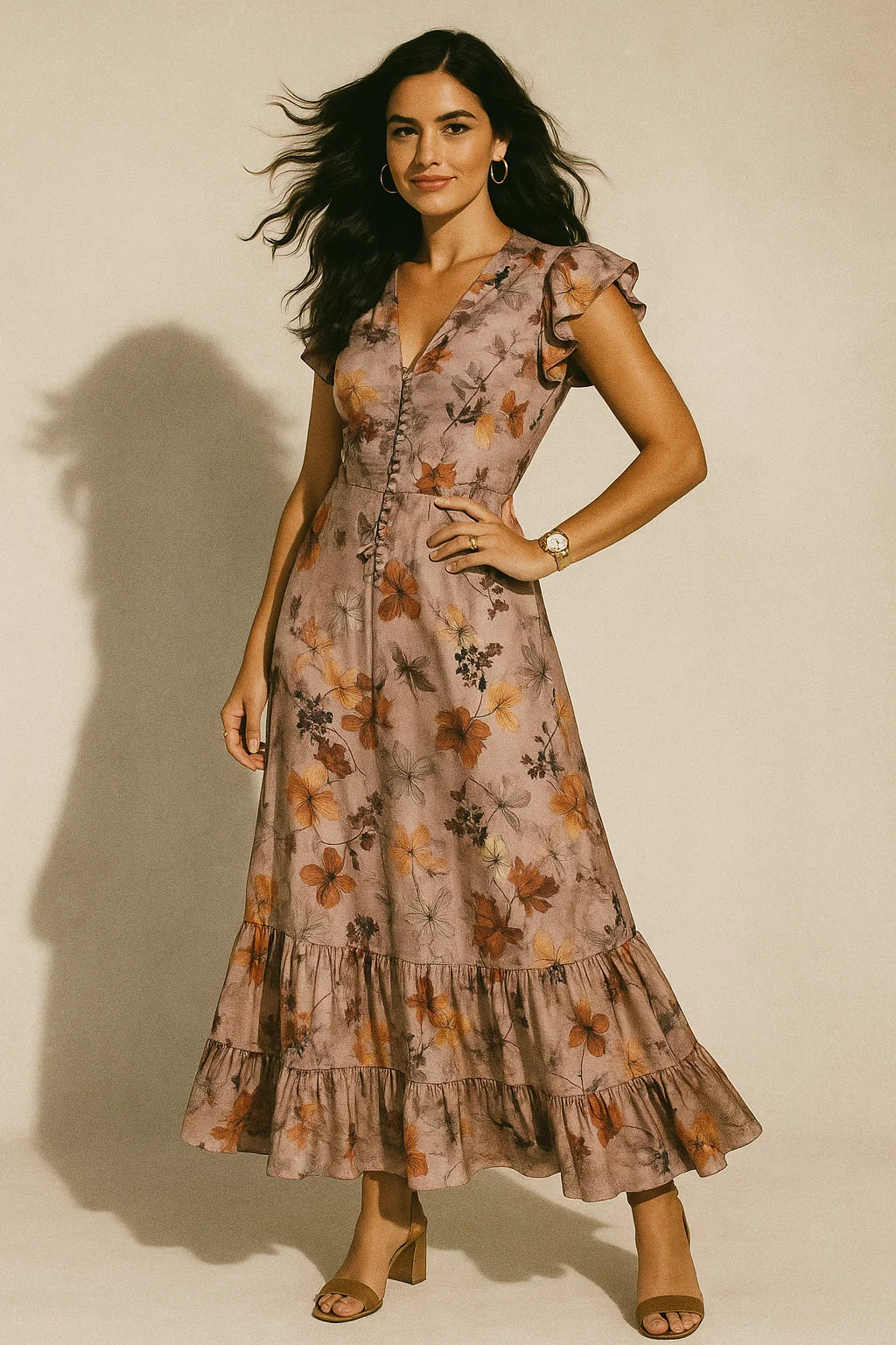 Attractive Brown Periwinkle With Leaves Digital Printed Fabric - Silk Crepe