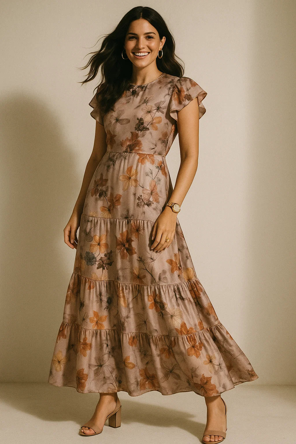 Attractive Brown Periwinkle With Leaves Digital Printed Fabric - Silk Crepe