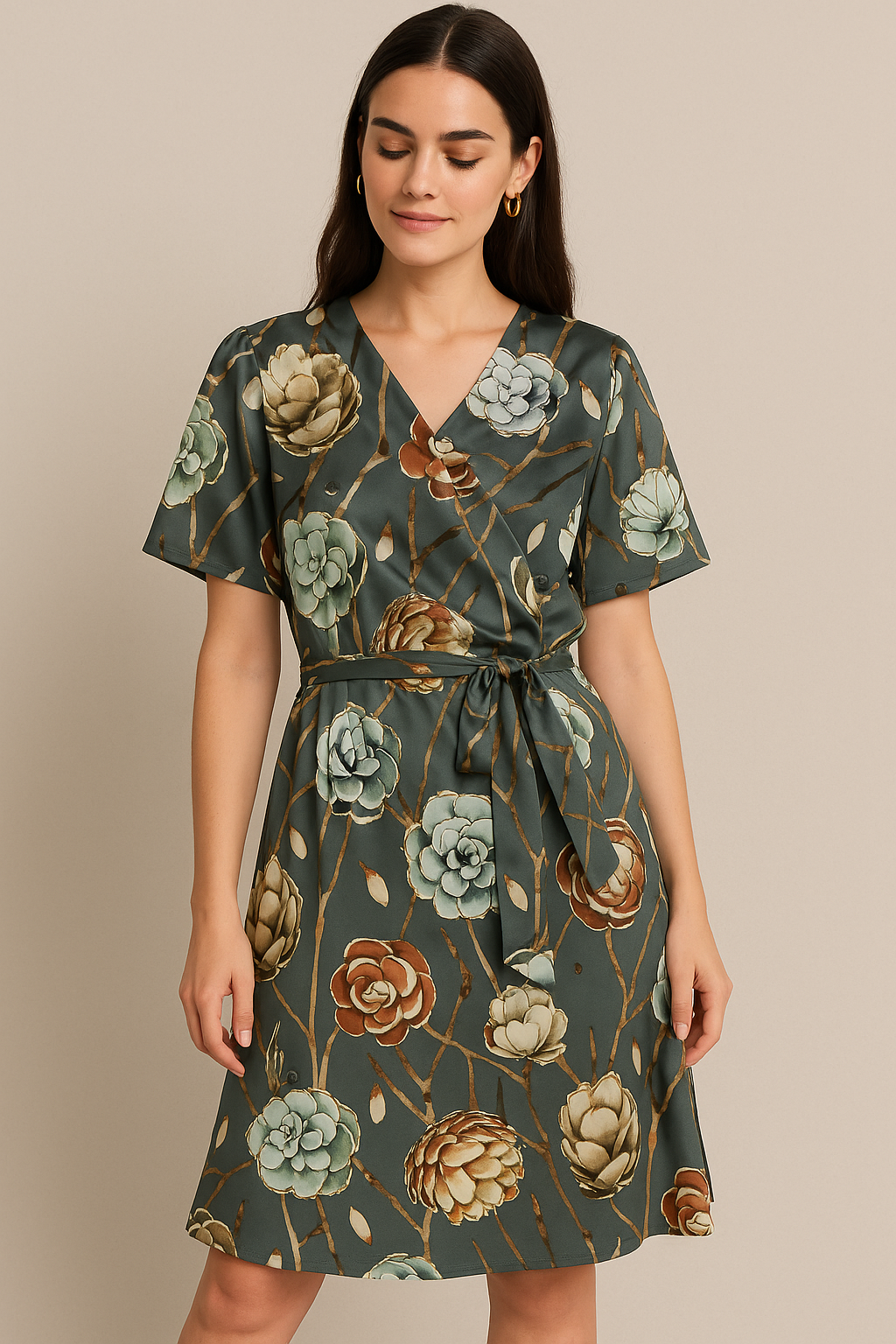 Grey Floral Print Satin Fabric