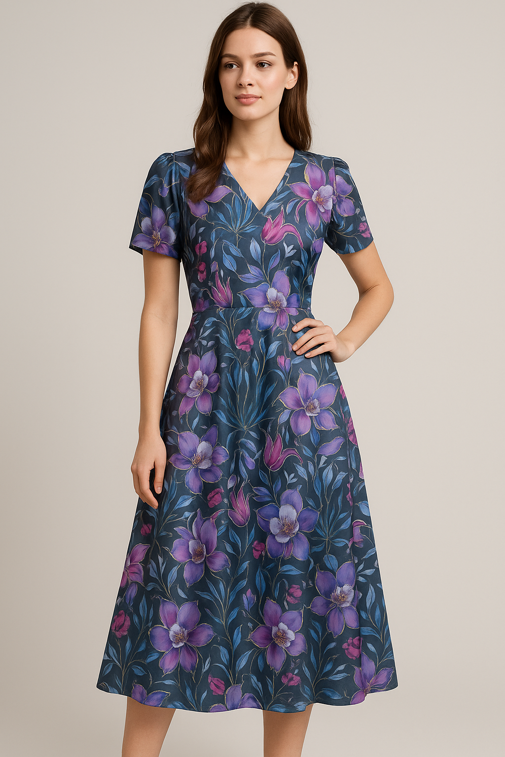 Purple Floral Printed Satin Fabric