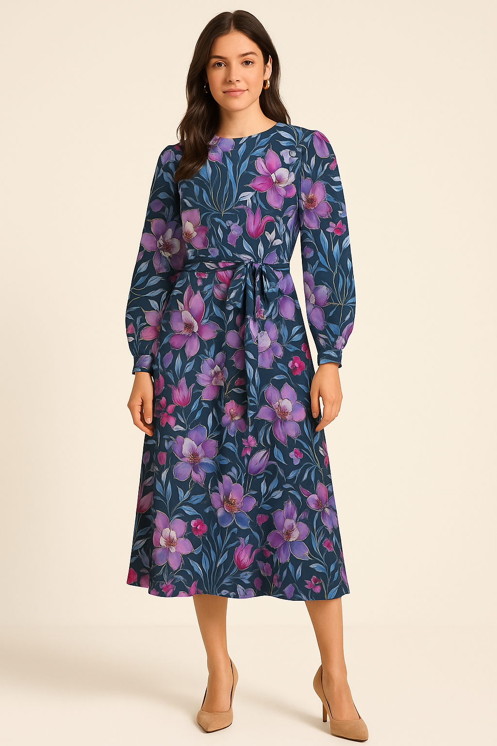 Purple Floral Printed Satin Fabric