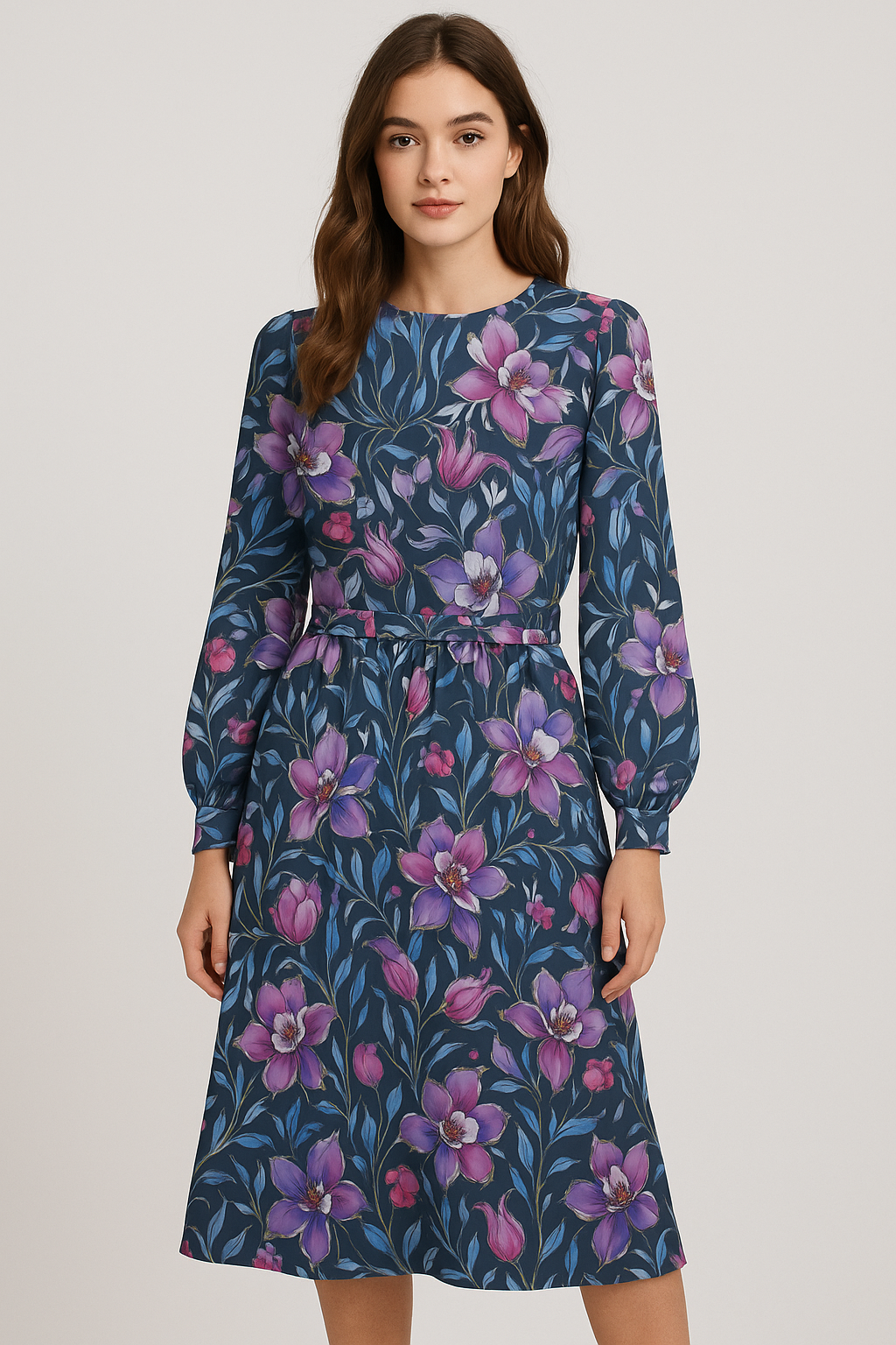 Purple Floral Printed Satin Fabric