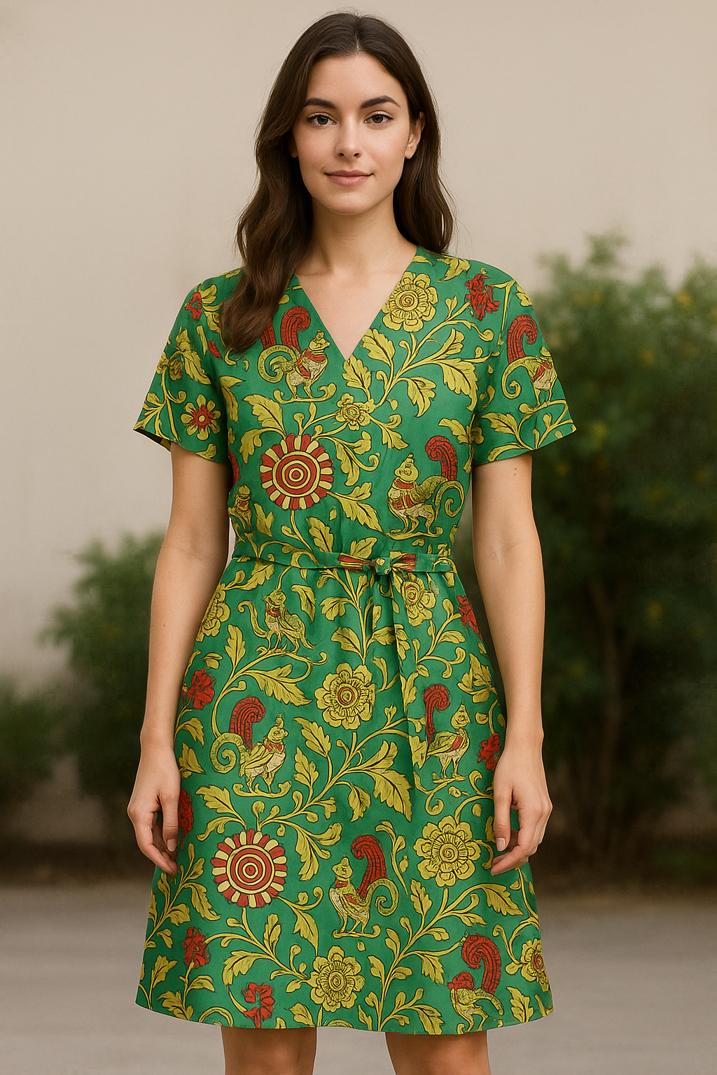 Buy Kalamkari Peacock Print Satin Fabric Online at Best Price