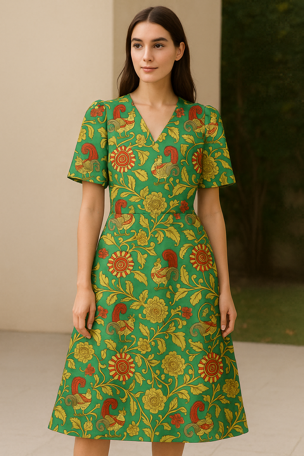 Buy Kalamkari Peacock Print Satin Fabric Online at Best Price