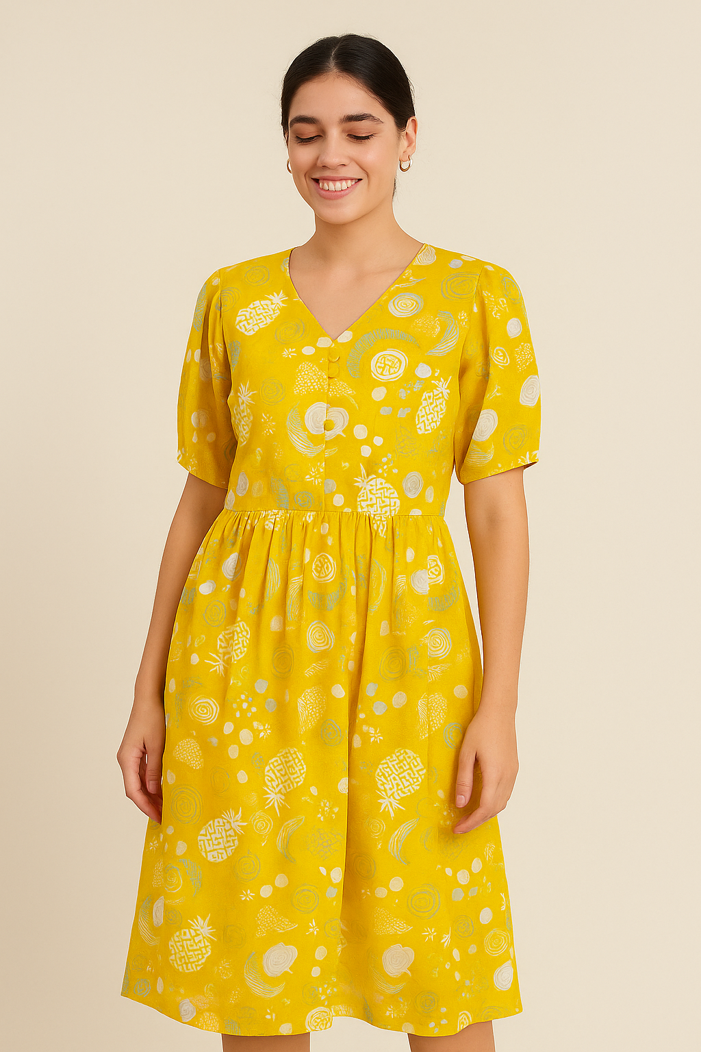 Quirky Fruits and Shapes Printed Muslin Fabric