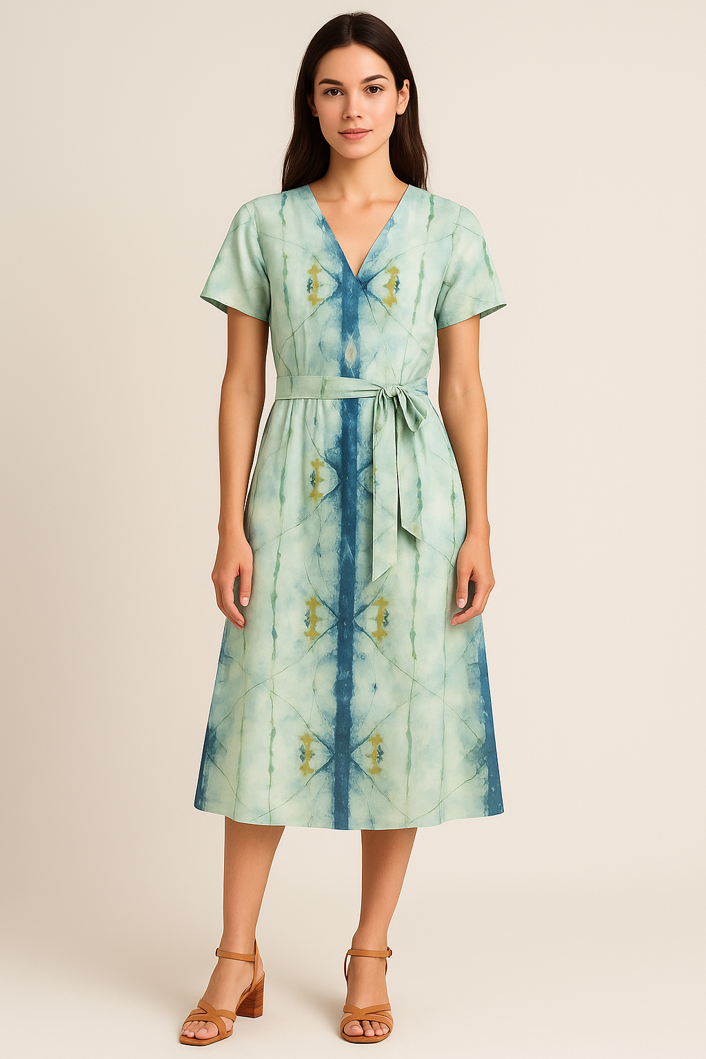 Blue and Green Hand Block Printed Linen Fabric